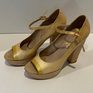 CHANEL Iridescent Tan and Yellow Peep-Toe Heels